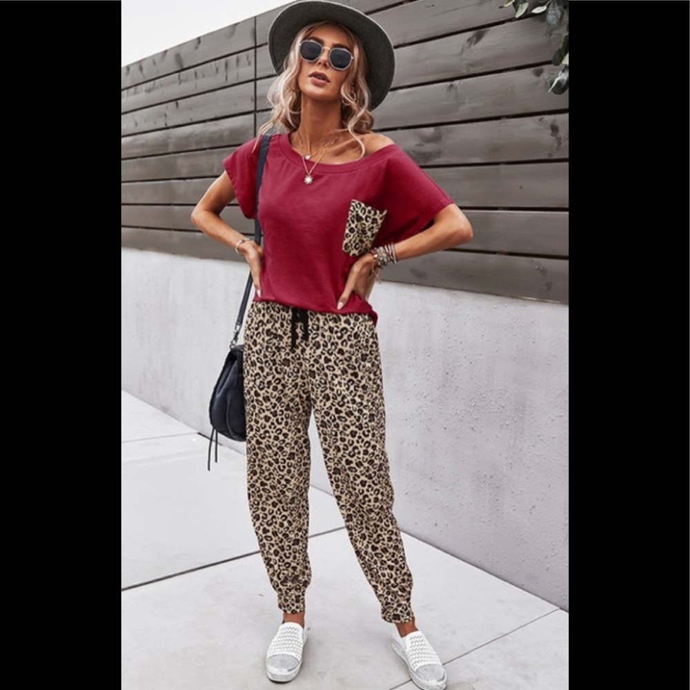 Solid top with leopard pocket and leopard pant set